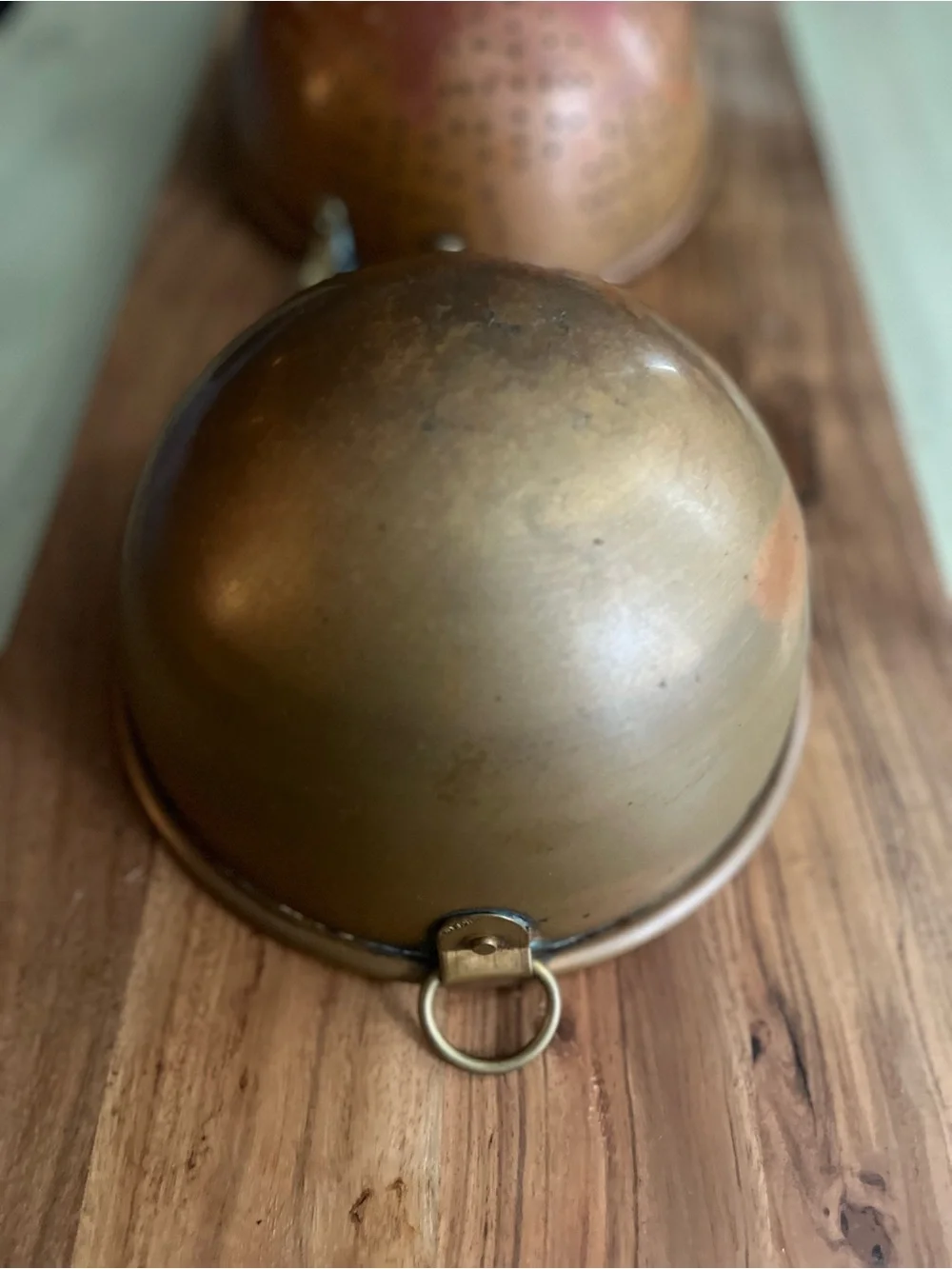 Vintage Copper-Tone Skimmer and Mixing Bowl Set with Wooden Handle
